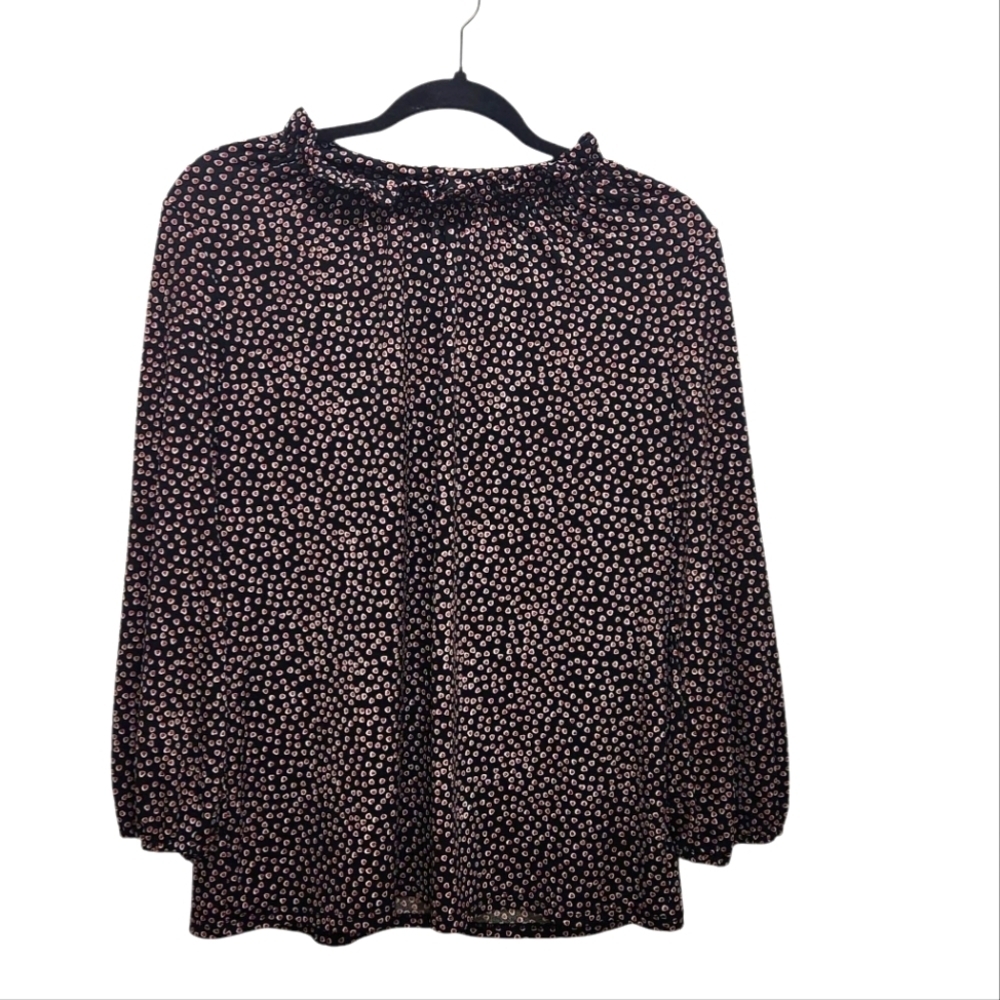 Adrianna Papell Ditsy Heart Print Ruffle Neck Blouse Size M Black Red Fun Career
